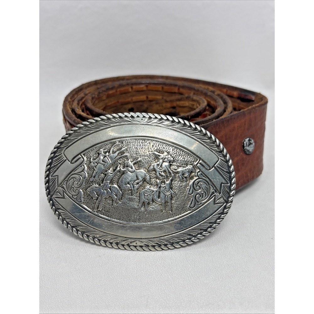 San Marcos Crumrine Oval Rope Edge Horse Cowboy Belt Buckle W/ Leather Belt Vtg